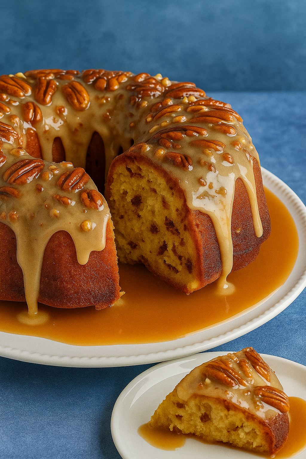 Buttered pecan pound cake with caramel glaze on a white plate