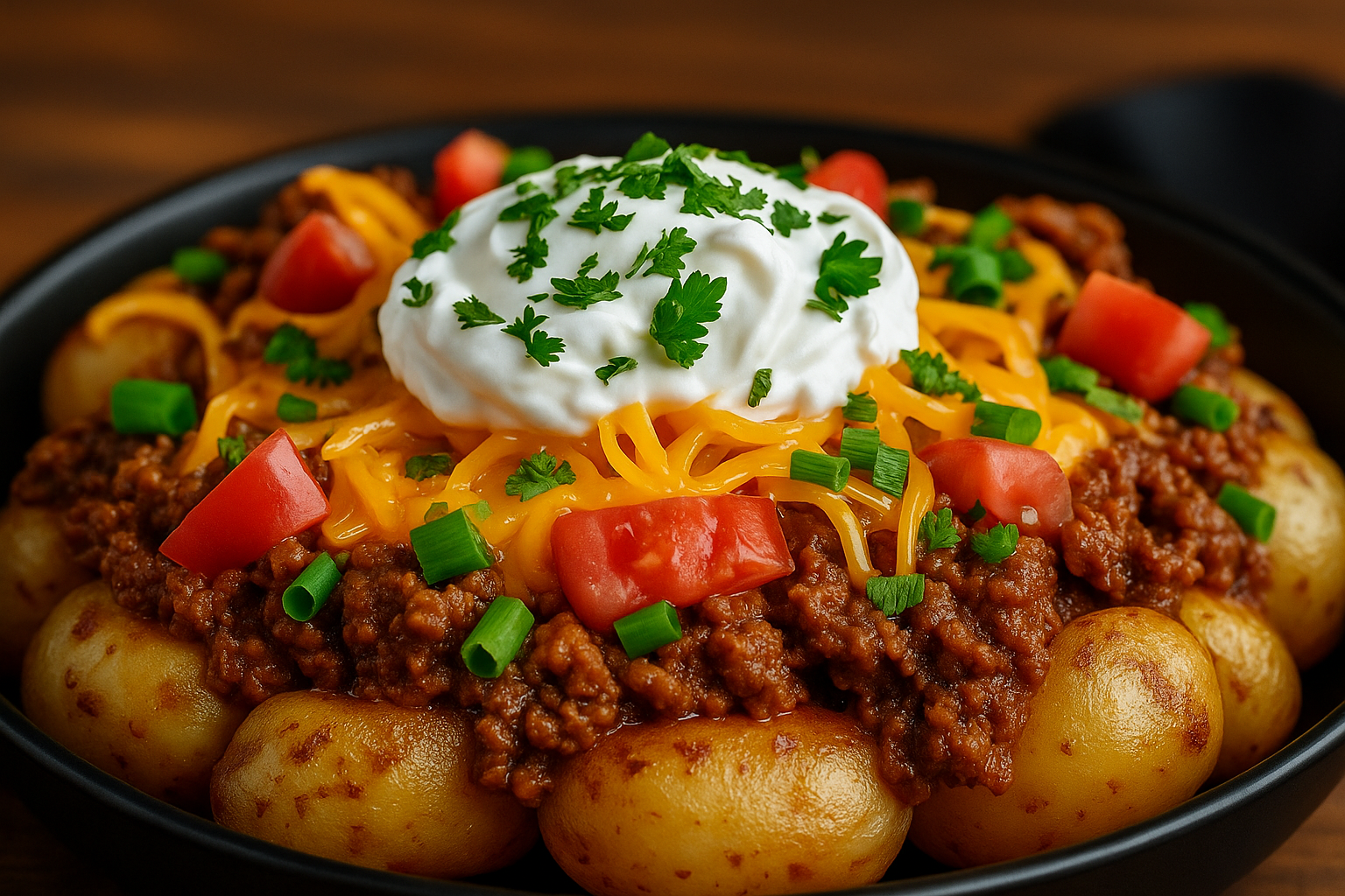 Cheesy Taco Potatoes are the perfect weeknight dinner! Made with roasted potatoes, taco-spiced beef, and melty cheddar cheese.