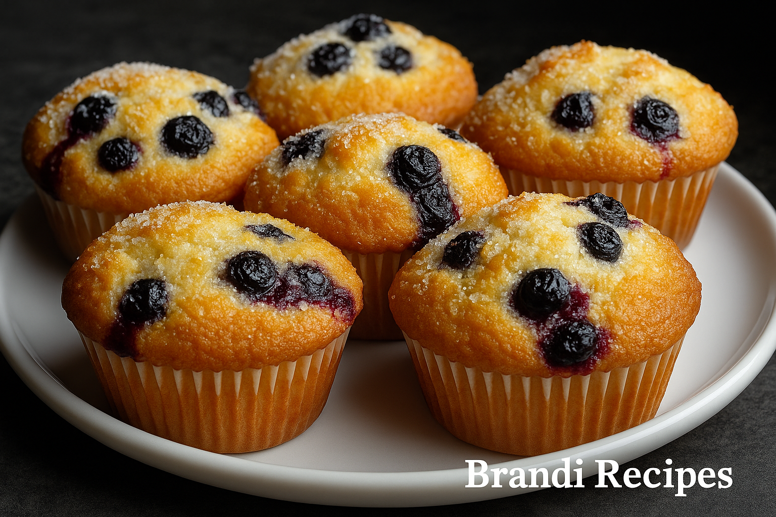 Freshly baked cheap homemade blueberry muffins with sugar topping on a white plate