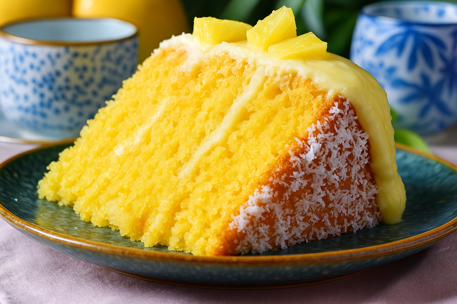 A slice of moist pineapple coconut cake with creamy frosting and coconut flakes