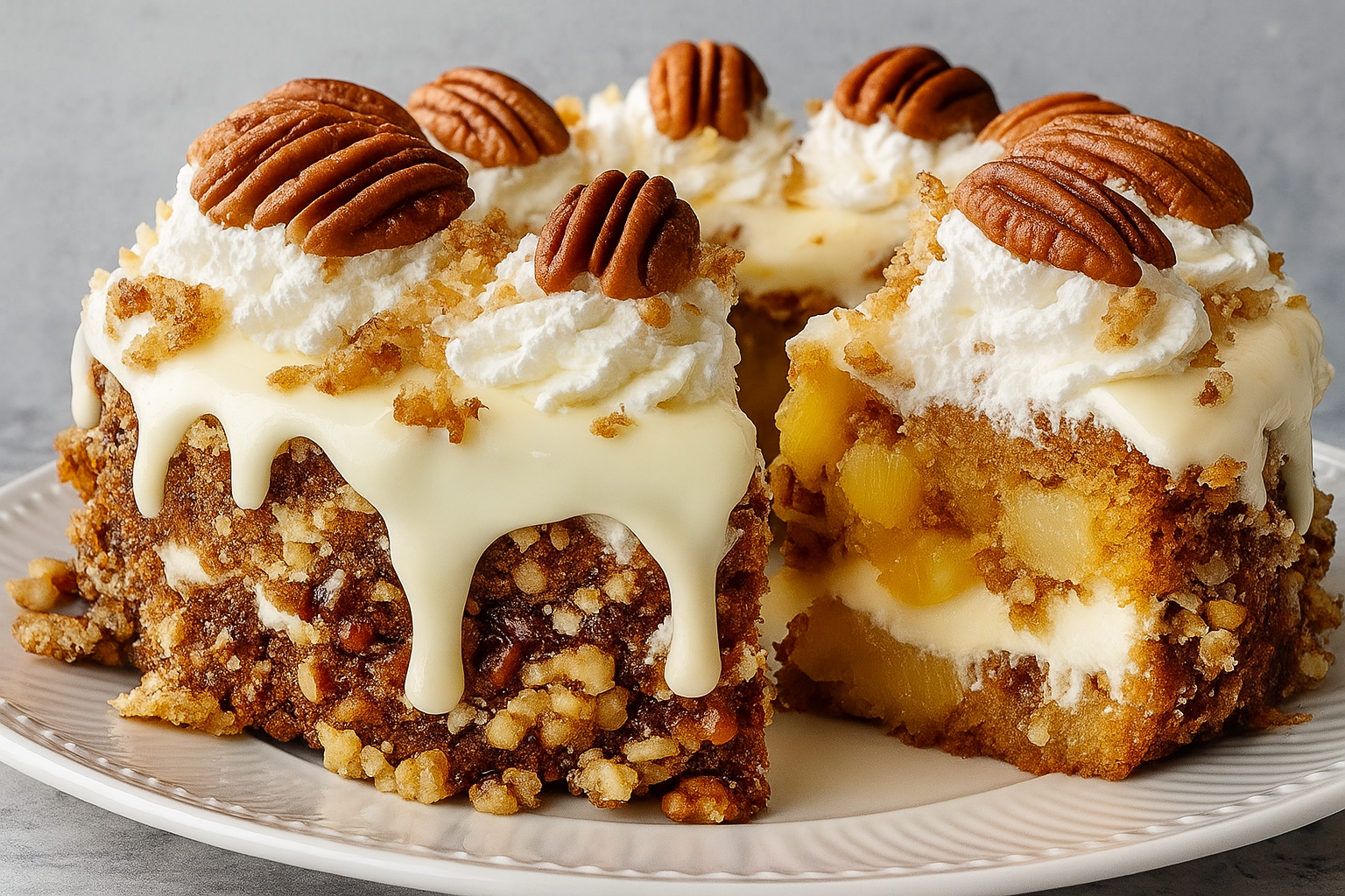 A rich slice of pineapple pecan cake with creamy frosting, whipped cream, and toasted pecans on top.