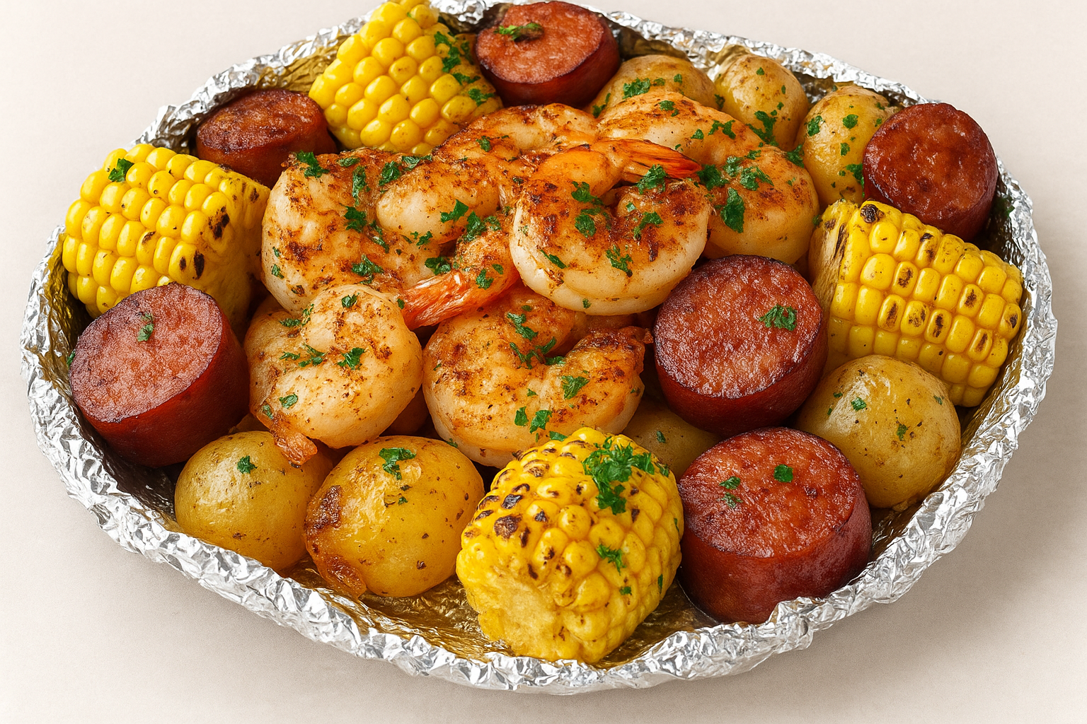 Shrimp, Corn, Potatoes, and Smoked Sausage Foil Pack