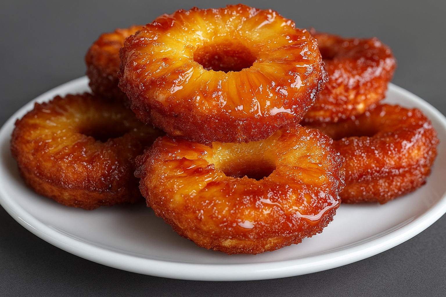 Sweet Potato Pineapple Upside Down Donut Rings stacked on a white plate with golden caramelized glaze.