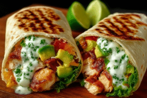Close-up of chicken avocado ranch burrito with grilled tortilla, creamy ranch drizzle, and fresh vegetables
