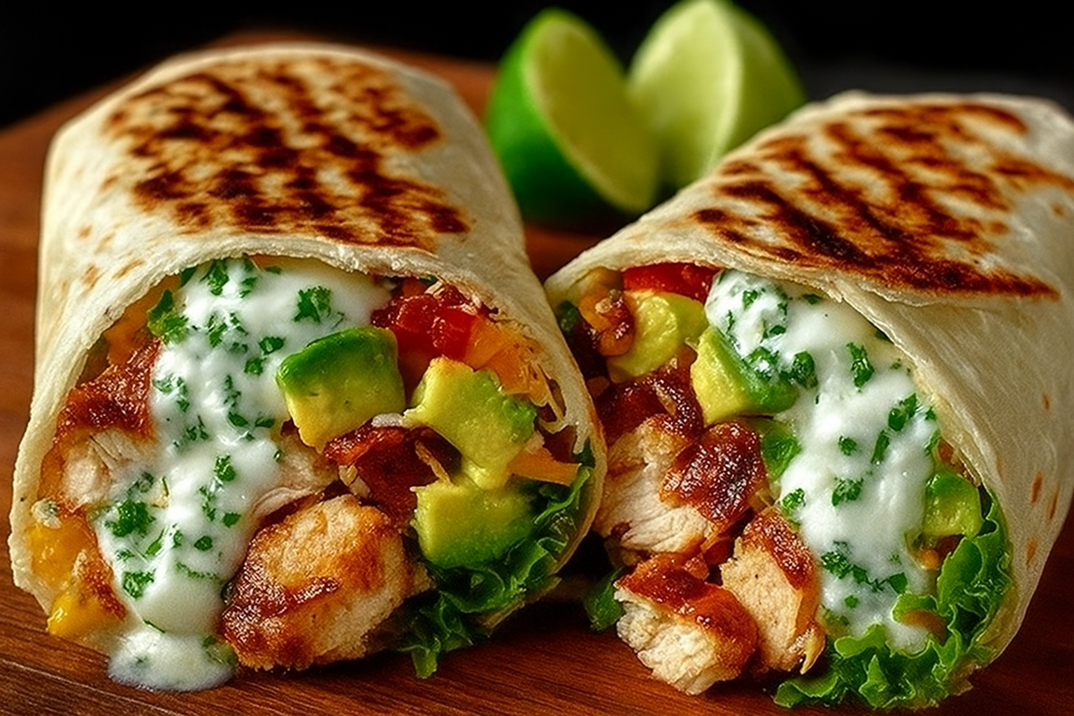 Close-up of chicken avocado ranch burrito with grilled tortilla, creamy ranch drizzle, and fresh vegetables