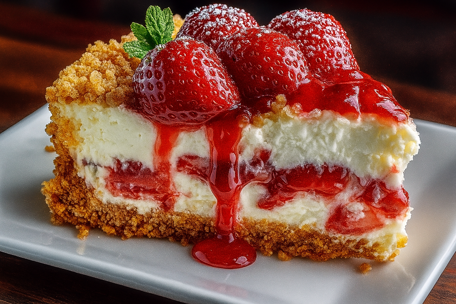 Close-up of strawberry crunch cheesecake slice topped with fresh strawberries, crunchy cookie crust, and creamy cheesecake layers.