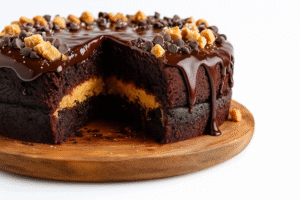 Rich chocolate peanut butter cake with gooey ganache topping and mini chocolate chips.