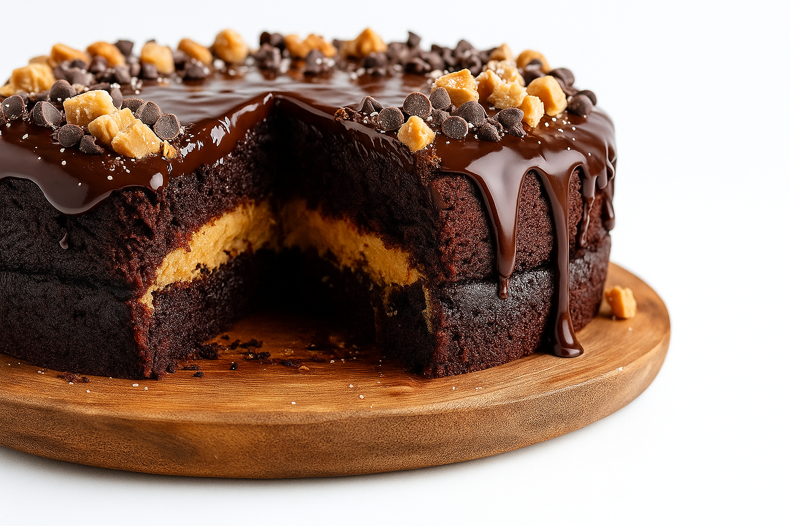 Rich chocolate peanut butter cake with gooey ganache topping and mini chocolate chips.