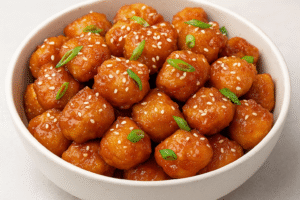 Honey Garlic Chicken Bites in a white bowl topped with sesame seeds and green onions