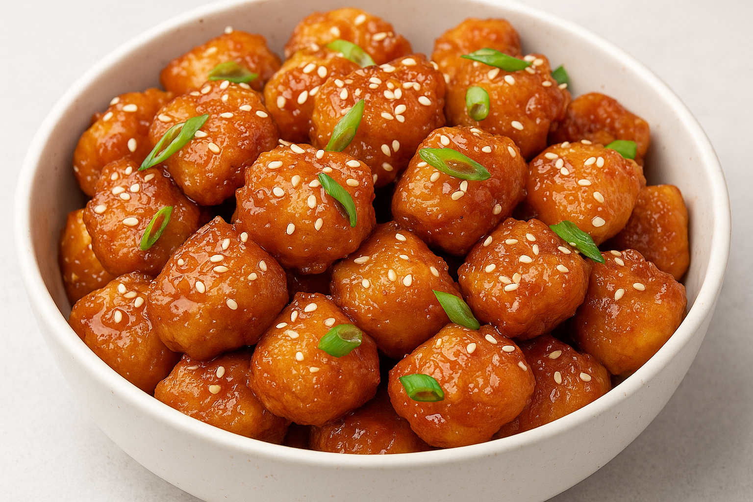 Honey Garlic Chicken Bites in a white bowl topped with sesame seeds and green onions