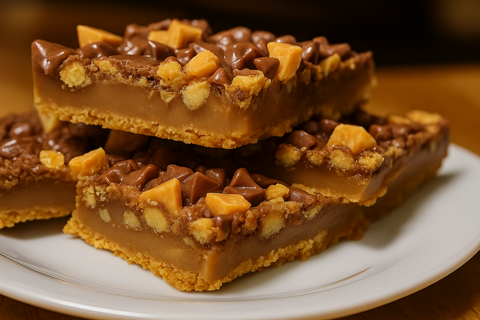 Cake Mix Toffee Bars stacked on a plate with chocolate and toffee bits