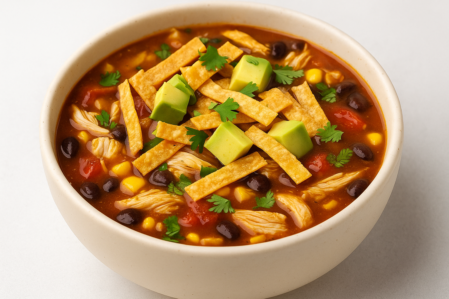 Bowl of Chicken Tortilla Soup with avocado, cheese, and tortilla strips