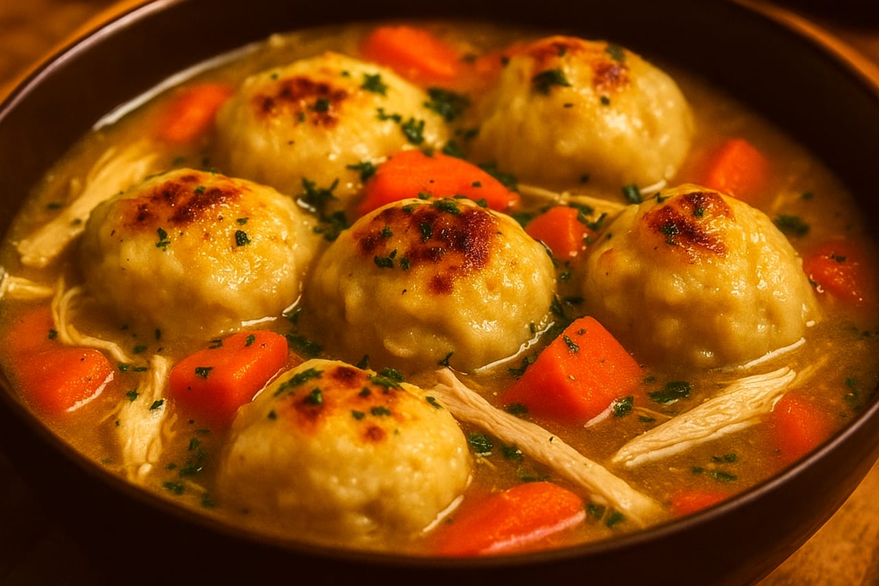 Sopa de Pollo con Dumplings ## Summary This classic chicken and dumplings soup is pure comfort in a bowl — tender chicken, fresh vegetables, and fluffy homemade dumplings simmered in a rich, flavorful broth. Perfect for cozy nights and family dinners. ## Ingredients ### For the Soup: - 4 tbsp unsalted butter - ½ cup chopped onion - 2–3 carrots, peeled and chopped - 3 celery stalks, sliced - 1 tbsp minced garlic - ½ tsp dried thyme - ¼ tsp ground black pepper - Salt to taste - ¼ cup all-purpose flour - 6 cups chicken broth - 2 cups cooked shredded chicken - ½ cup heavy cream (optional) - Fresh parsley for garnish ### For the Dumplings: - 1½ cups all-purpose flour - 1 tbsp baking powder - ½ tsp salt - 3 tbsp cold unsalted butter, cubed - ¾ cup whole milk ## Instructions 1. Melt butter in a large pot. Sauté onion, carrots, and celery for 5–7 minutes. Stir in garlic, thyme, salt, and pepper. 2. Sprinkle flour over veggies. Stir and cook for 1–2 minutes. 3. Slowly whisk in chicken broth. Bring to a simmer and cook 10 minutes. 4. Add shredded chicken and cream (optional). Let simmer while making dumplings. 5. In a bowl, mix flour, baking powder, and salt. Cut in butter, then stir in milk until combined. 6. Drop spoonfuls of dough into simmering soup. Cover and cook 15–18 minutes without lifting lid. 7. Check if dumplings are cooked through. Garnish with parsley and serve hot. ## Notes - Add peas or corn for extra color and flavor. - Use rotisserie chicken for quicker prep. - Omit cream for a lighter broth. - Do not open the lid while dumplings cook — they need steam! ## Time Prep Time: 20 minutes Cook Time: 30 minutes Total Time: 50 minutes ## Servings 4–6 servings ## Category Soup ## Cuisine American ## Keywords chicken and dumplings, comfort food, sopa de pollo, homemade soup, creamy chicken soup, chicken stew with dumplings
