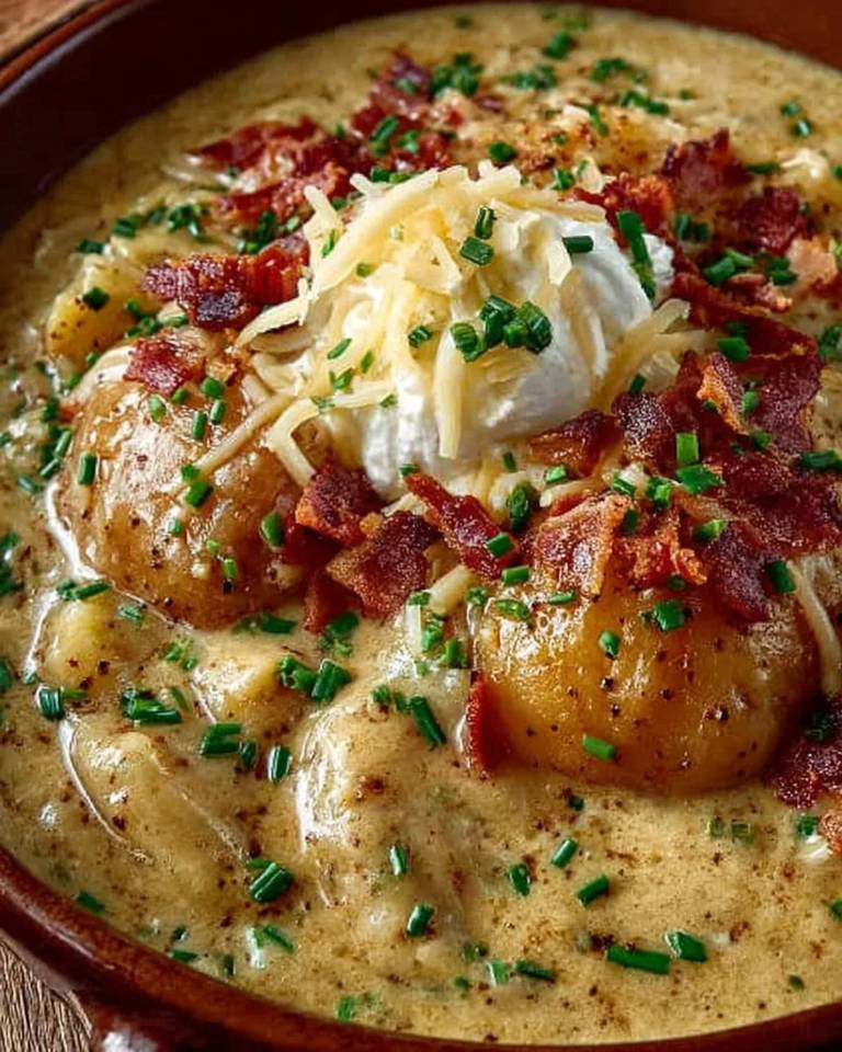 Loaded Potato Soup topped with crispy bacon, shredded cheese, sour cream, and fresh chives in a creamy broth – perfect comfort food recipe.