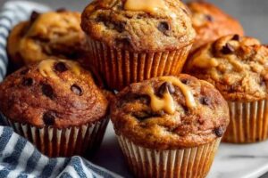 Freshly baked peanut butter banana muffins with chocolate chips, golden brown and topped with creamy peanut butter drizzle.