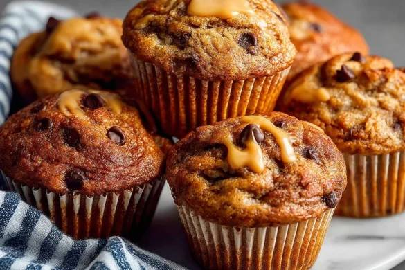 Freshly baked peanut butter banana muffins with chocolate chips, golden brown and topped with creamy peanut butter drizzle.