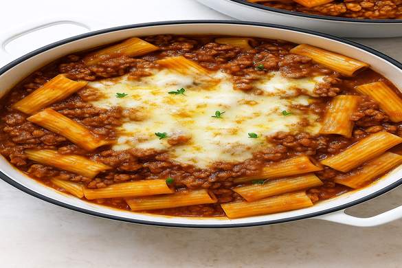 Rigatoni Bolognese pasta with meat sauce and melted cheese in a white ceramic baking dish