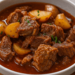 Classic Filipino Beef Mechado with tender beef chunks and potatoes in a rich tomato sauce served in a white bowl.