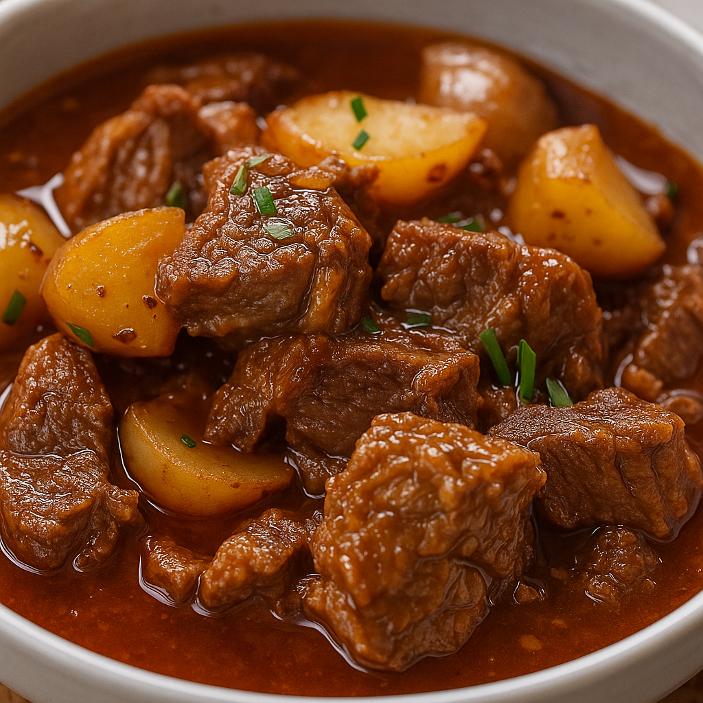 Classic Filipino Beef Mechado with tender beef chunks and potatoes in a rich tomato sauce served in a white bowl.