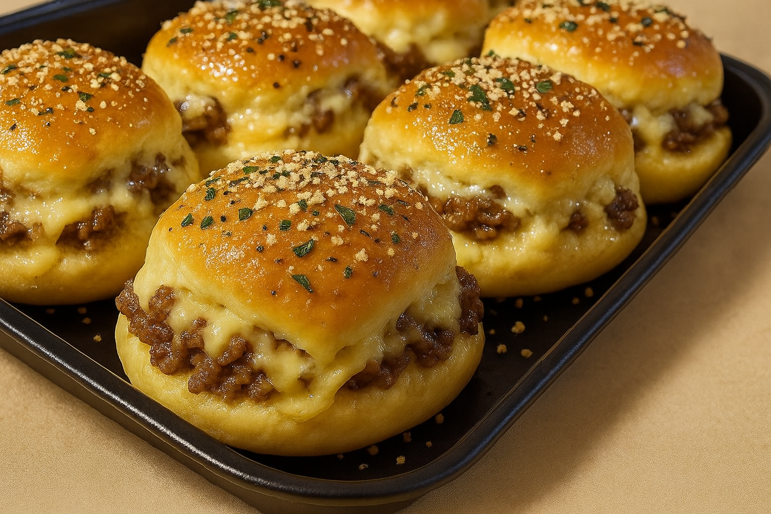 “Garlic Parmesan Cheeseburger Bombs with juicy beef, melted cheese, and golden garlic butter buns on a baking tray.”