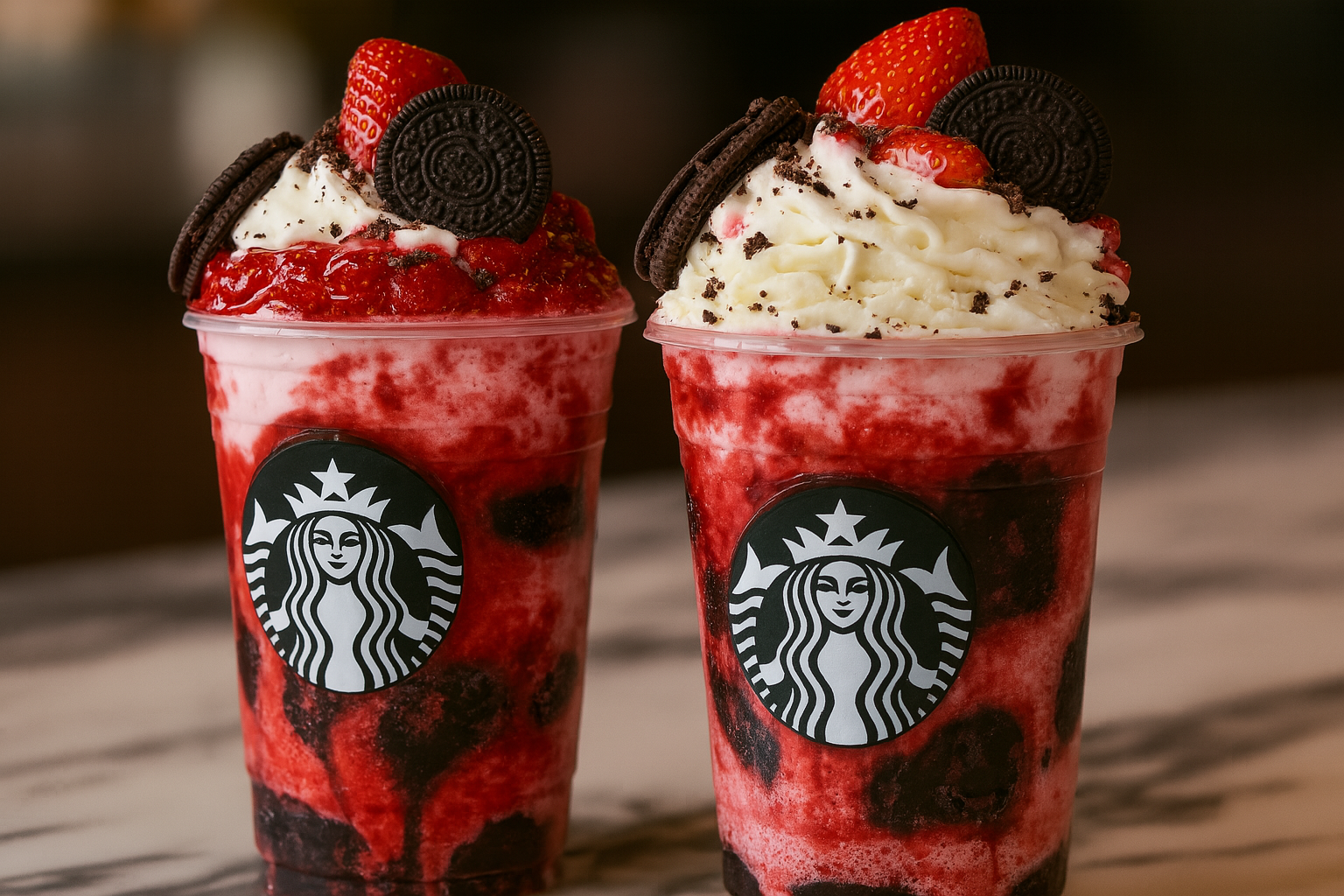 Starbucks Strawberry Oreo Cheesecake Frappuccino with whipped cream, strawberry drizzle, and Oreo cookies in a clear Starbucks cup, perfect creamy summer drink recipe.