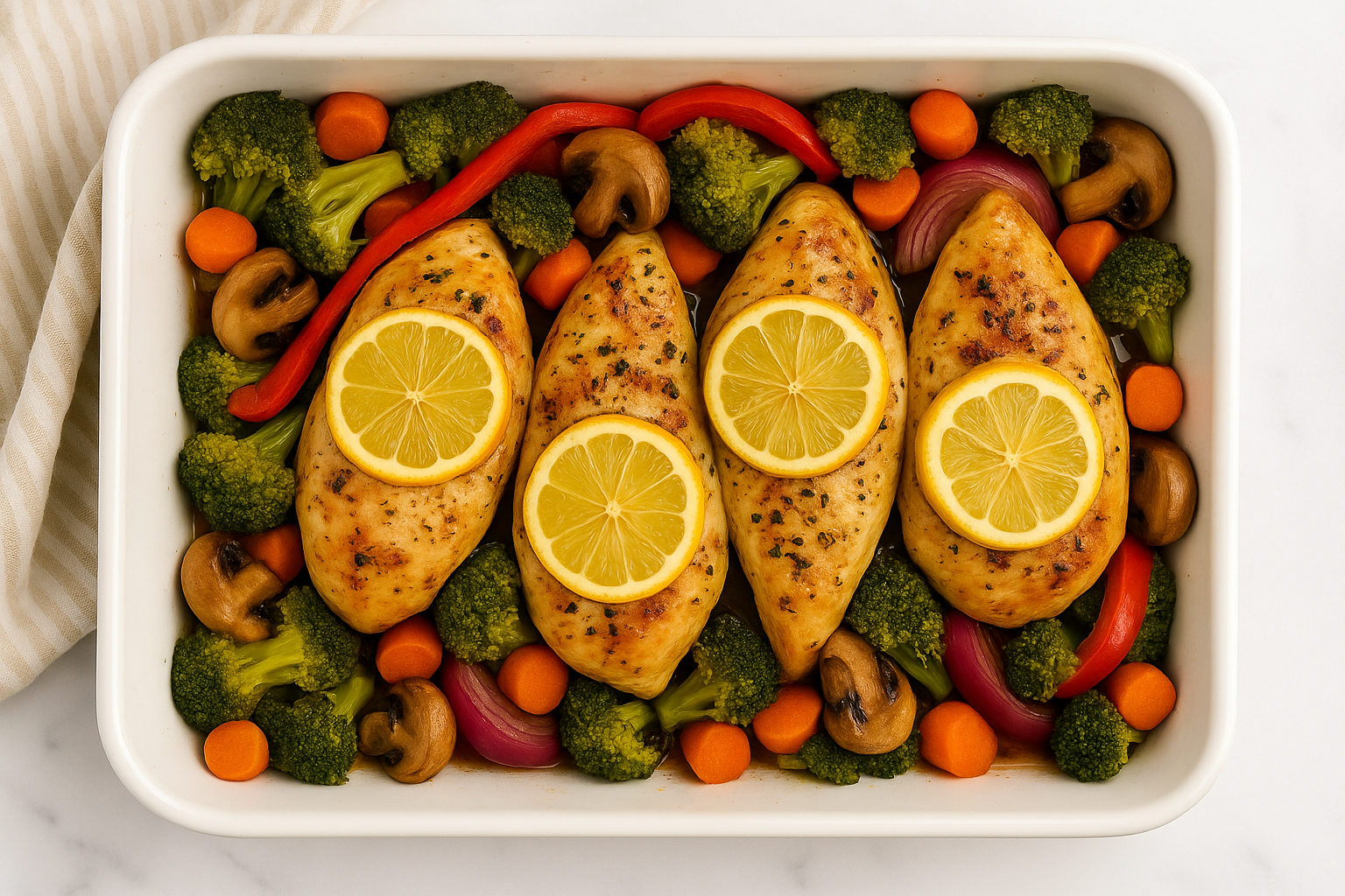 Healthy baked chicken breasts with lemon and garlic, served with roasted vegetables