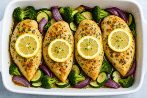 Healthy baked chicken breasts with lemon and garlic, served with roasted vegetables