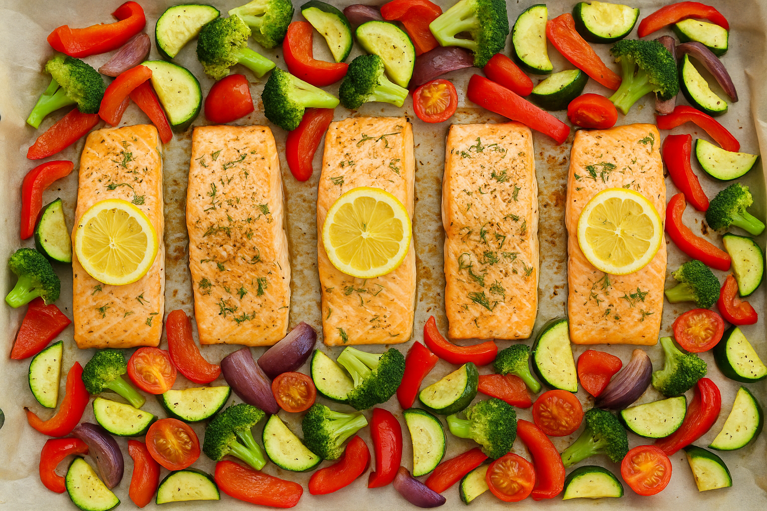 Healthy salmon recipe with roasted vegetables baked to perfection