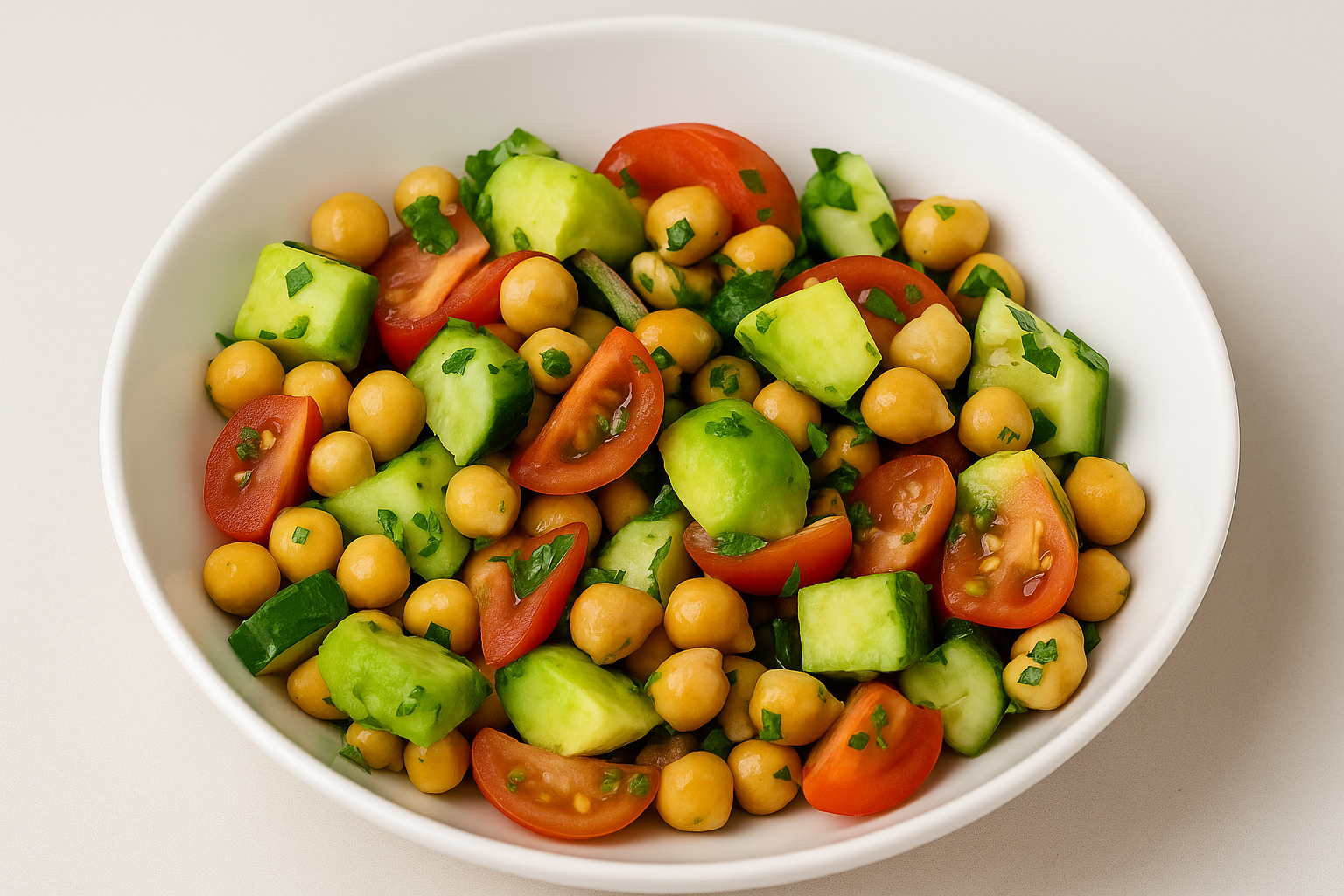 Healthy Chickpea Avocado Salad with fresh vegetables and lemon dressing – a protein-rich and low-carb Mediterranean dish.