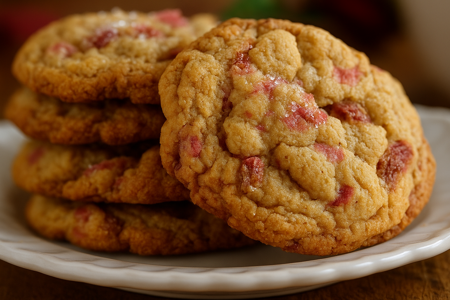 Brown Sugar Rhubarb Cookies stacked on a plate showing golden texture and pink rhubarb bits – perfect soft chewy cookies.