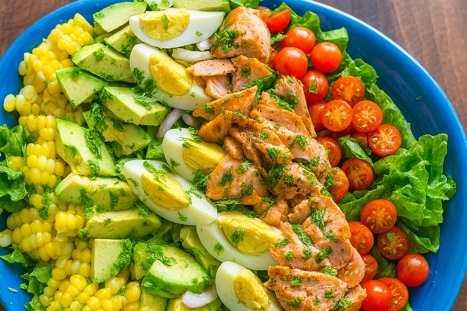 Healthy Salmon Cobb Salad with Avocado, Eggs, and Fresh Vegetables – Keto-Friendly and High Protein