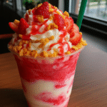 Homemade Starbucks-style Strawberry Shortcake Frappuccino with whipped cream, strawberry sauce, and golden cookie crumbles served in a clear cup.