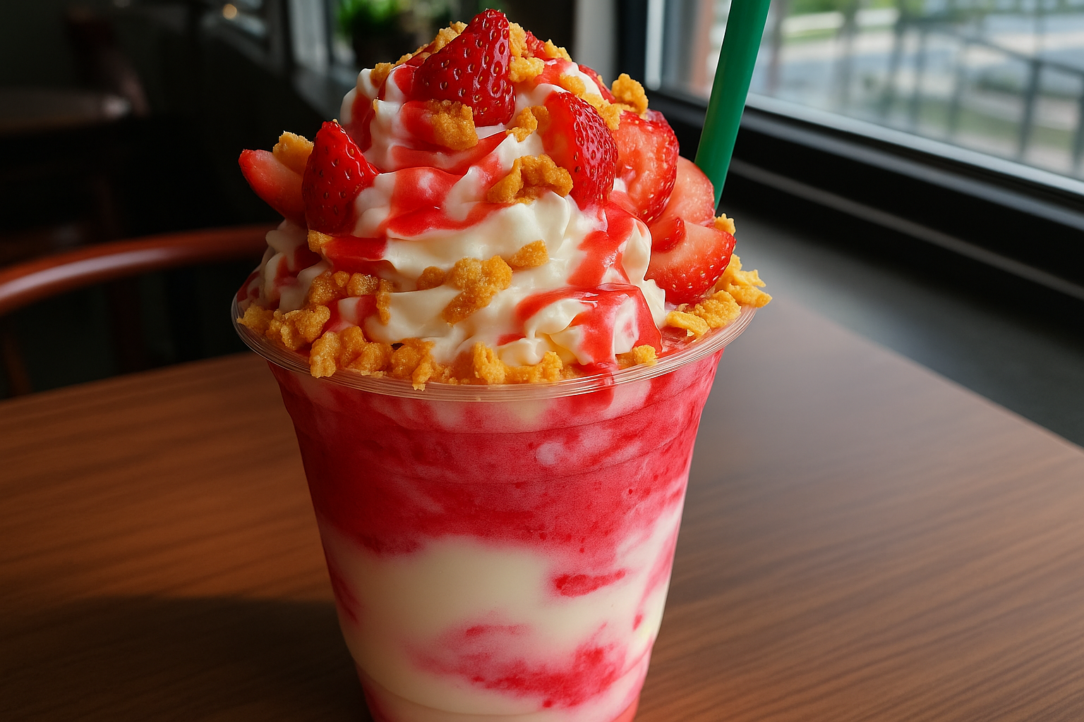 Homemade Starbucks-style Strawberry Shortcake Frappuccino with whipped cream, strawberry sauce, and golden cookie crumbles served in a clear cup.