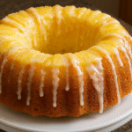 Pineapple Cream Cheese Bundt Cake with glaze and toasted coconut