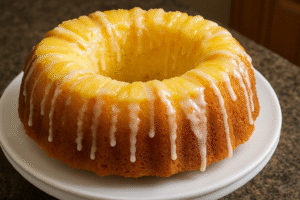 Pineapple Cream Cheese Bundt Cake with glaze and toasted coconut