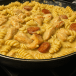 Creamy Pepper Jack Chicken and Sausage Pasta in a skillet