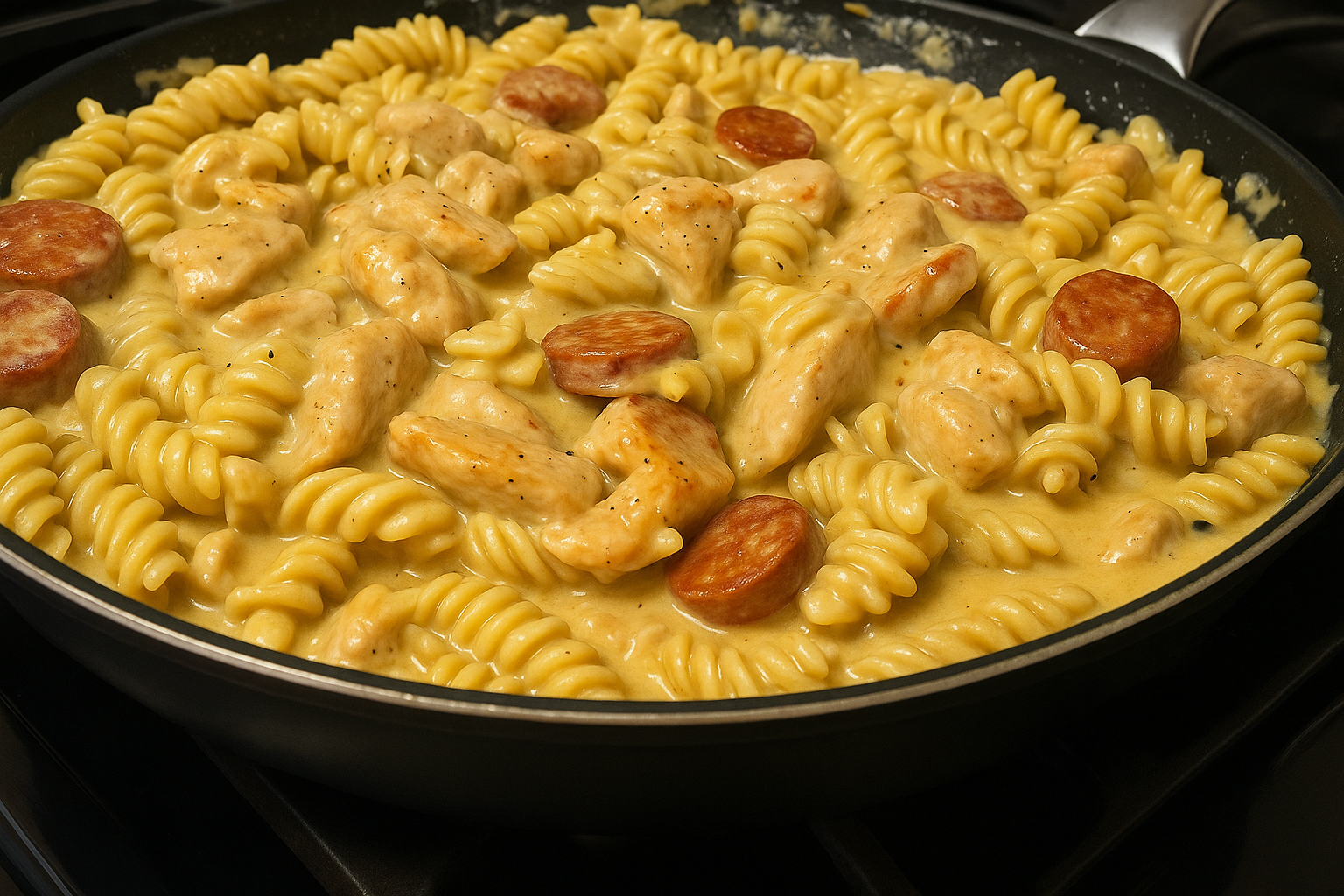 Creamy Pepper Jack Chicken and Sausage Pasta in a skillet