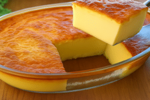 Creamy Milk Cake with golden top and soft creamy texture served in a glass dish
