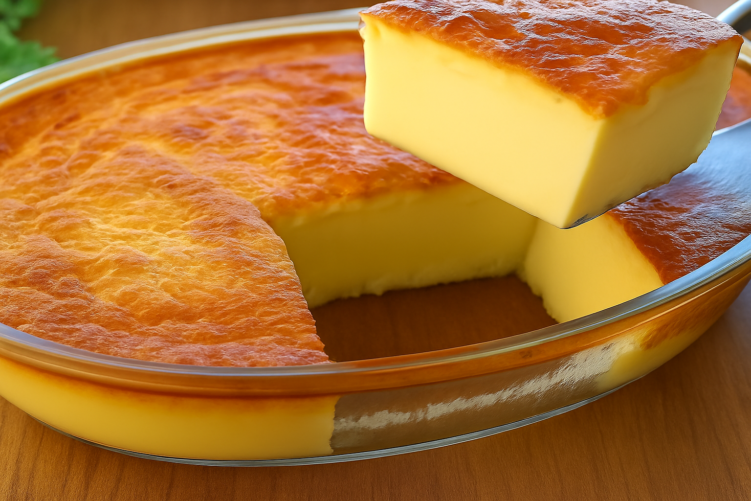 Creamy Milk Cake with golden top and soft creamy texture served in a glass dish