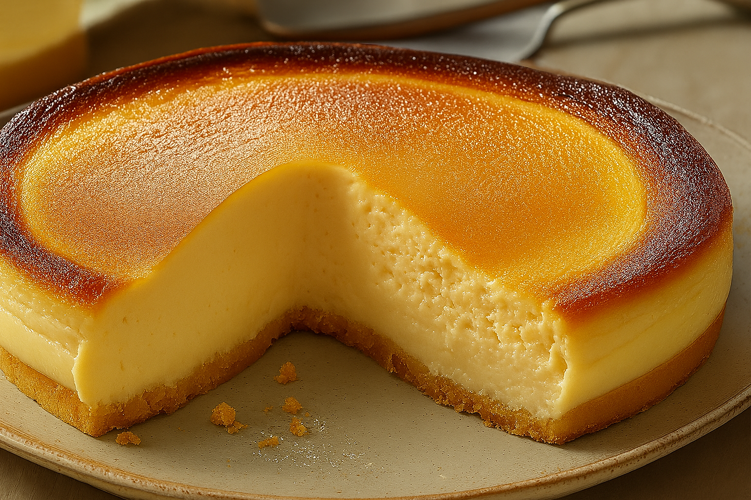 Golden-topped Condensed Milk Cake with creamy custard-like center on a plate
