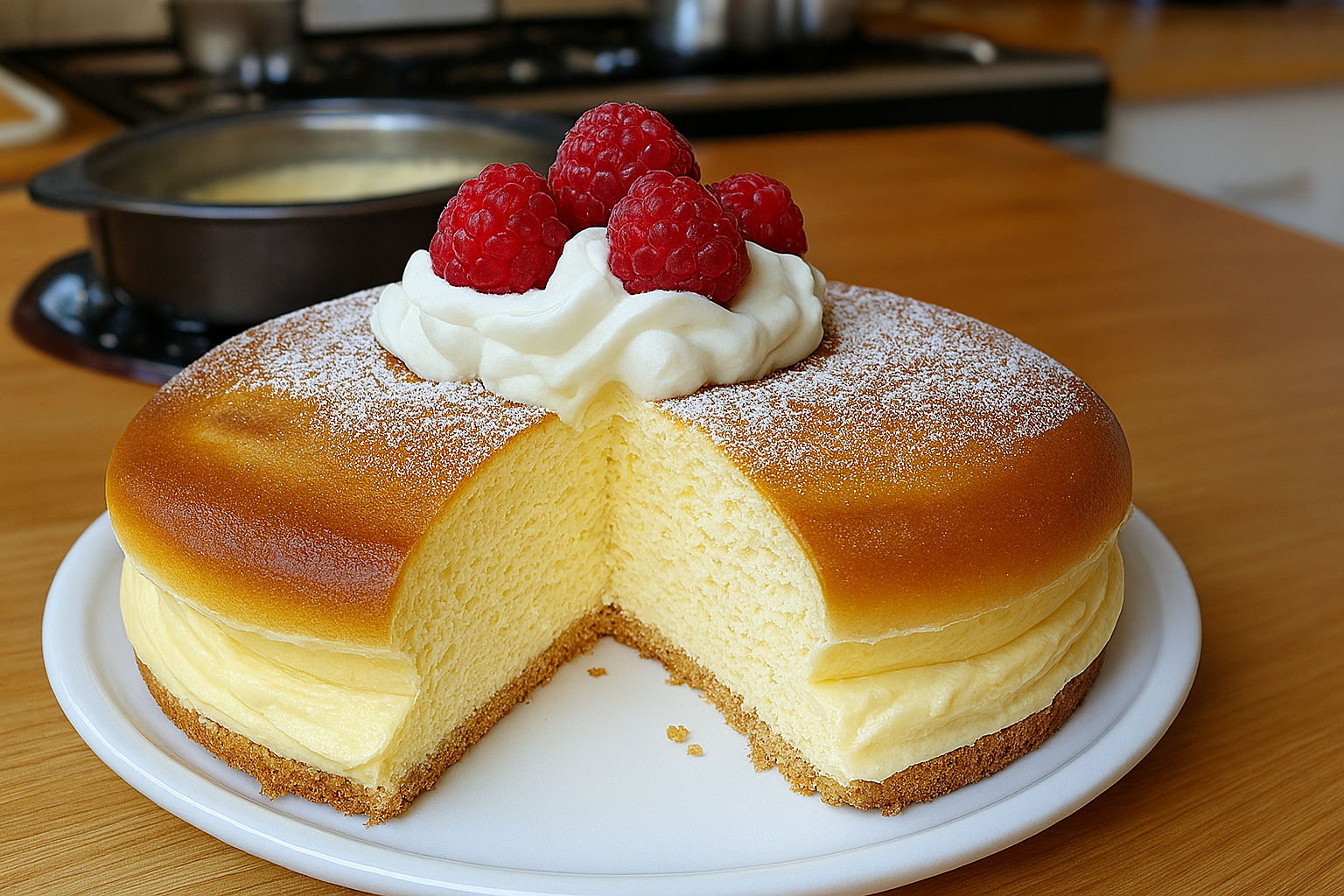 Sugar-free Cloud Cake with whipped cream and raspberries on top – soft and fluffy texture