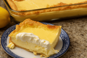 Slice of creamy lemon cream cheese dump cake with whipped topping on a blue plate