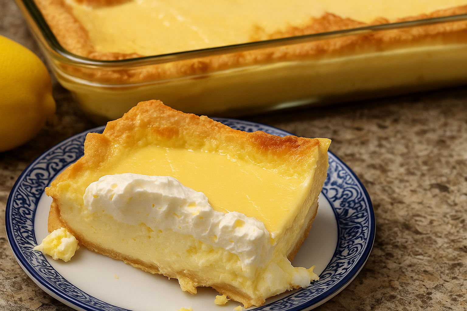 Slice of creamy lemon cream cheese dump cake with whipped topping on a blue plate