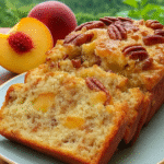 Freshly sliced Peach Pecan Bread showing moist crumb with peach chunks and toasted pecans on top, perfect for a summer breakfast or snack.