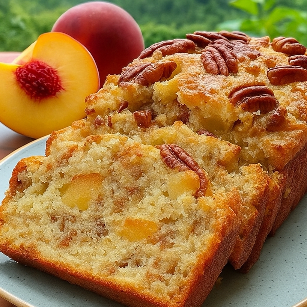 Freshly sliced Peach Pecan Bread showing moist crumb with peach chunks and toasted pecans on top, perfect for a summer breakfast or snack.