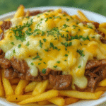 Philly Steak Cheese Fries with crispy fries, juicy steak, melted cheese, and fresh parsley.