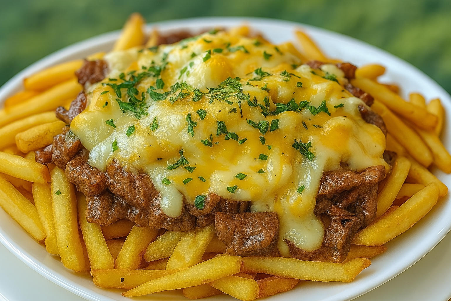 Philly Steak Cheese Fries with crispy fries, juicy steak, melted cheese, and fresh parsley.