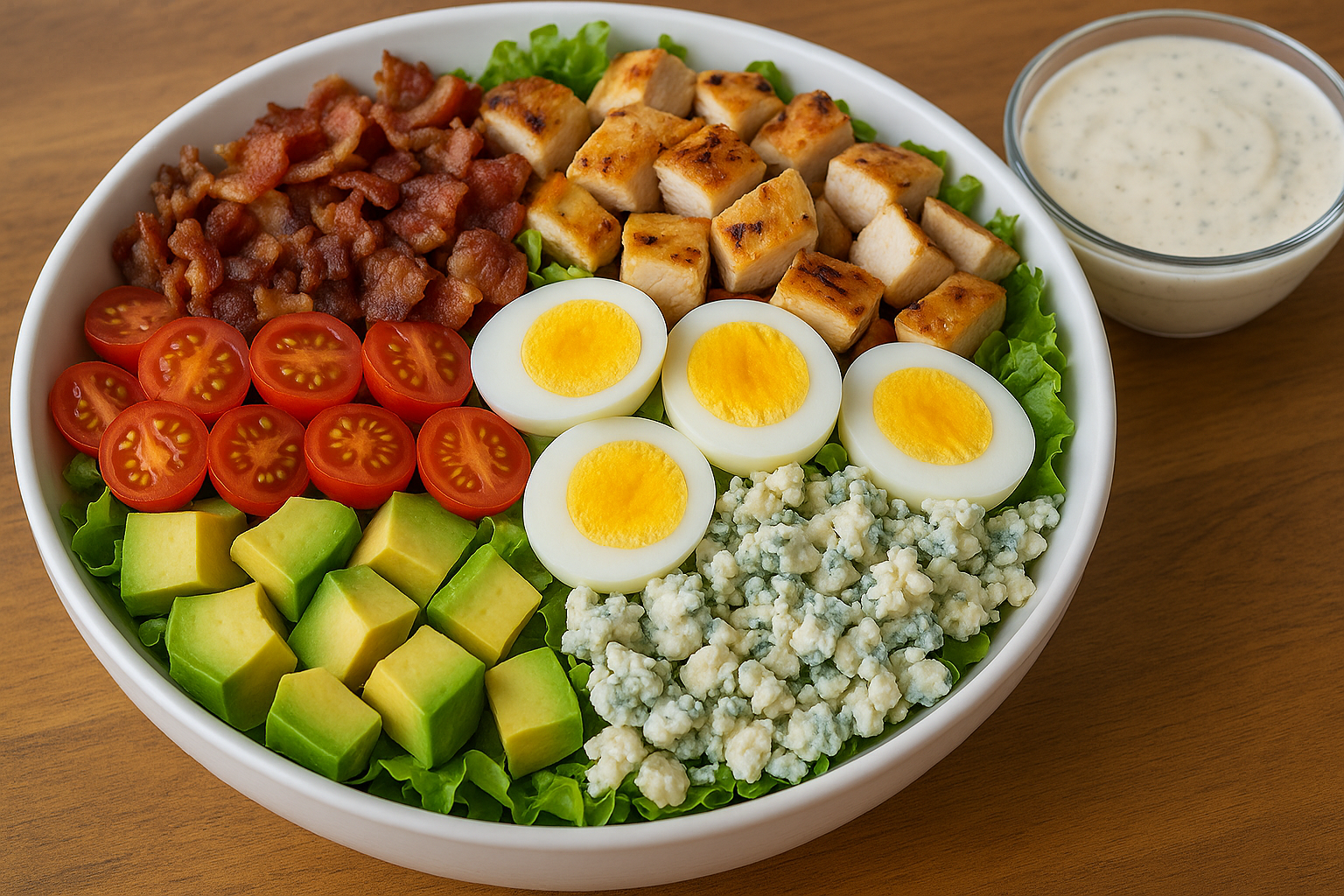 Cobb Salad with Homemade Ranch Dressing featuring chicken, eggs, avocado, bacon, and fresh vegetables in a large bowl.