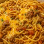 “Cheesy taco spaghetti with ground beef, tomatoes, and melted Mexican cheese in a skillet”