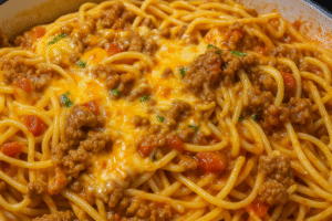 “Cheesy taco spaghetti with ground beef, tomatoes, and melted Mexican cheese in a skillet”